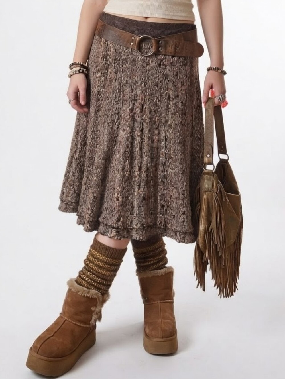 Vintage Cabi Knit Brown A-Line Skirt Y2K Flare Midi Skirt with Lace Trim